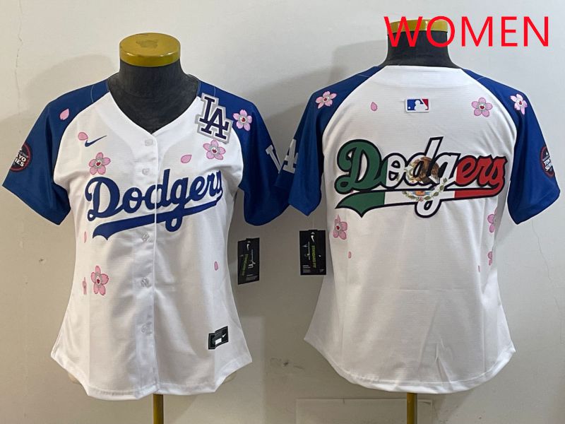 Women Los Angeles Dodgers Blank White Blue Sakura Edition 2025 Nike MLB Jersey style 10->women mlb jersey->Women Jersey